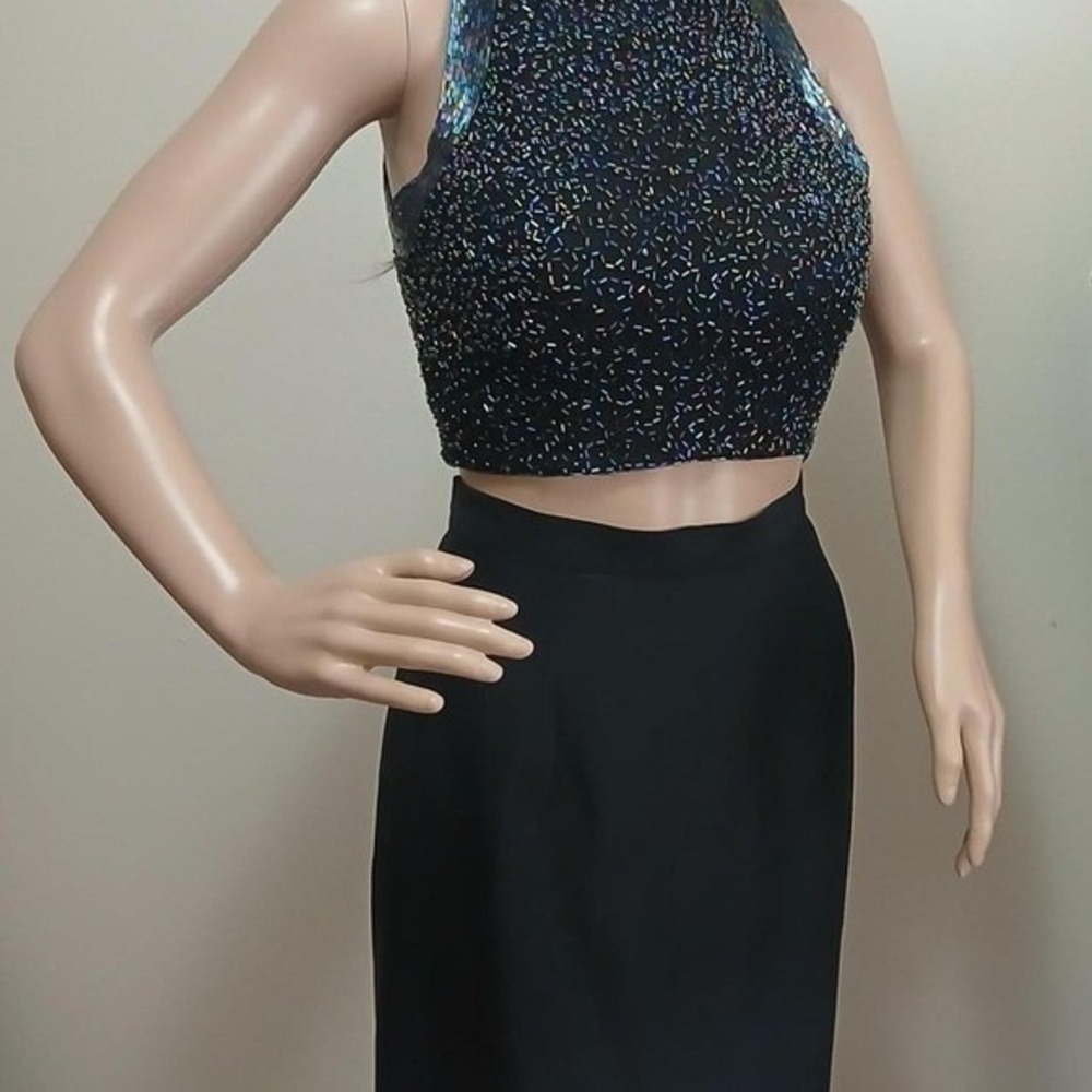 Vintage 90s/Y2K glam blingy black sleeveless crop top w/multicolored beading, XS - Picture 8 of 8
